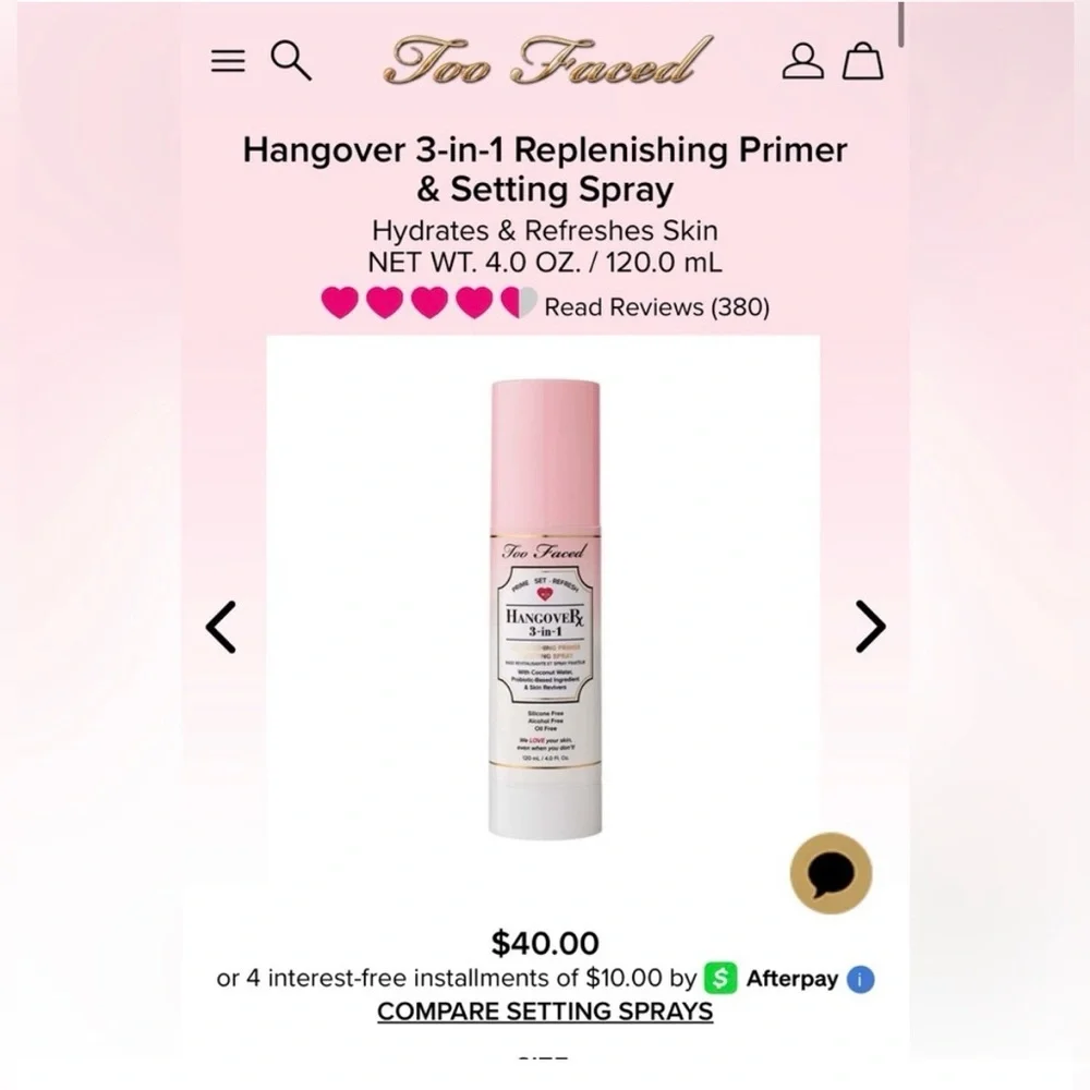 LARGE SIZE TOO FACED Hangover Rx 3-in-1 Prime, Set Refresh, BNIB, 4.0 Oz. WHDW3
